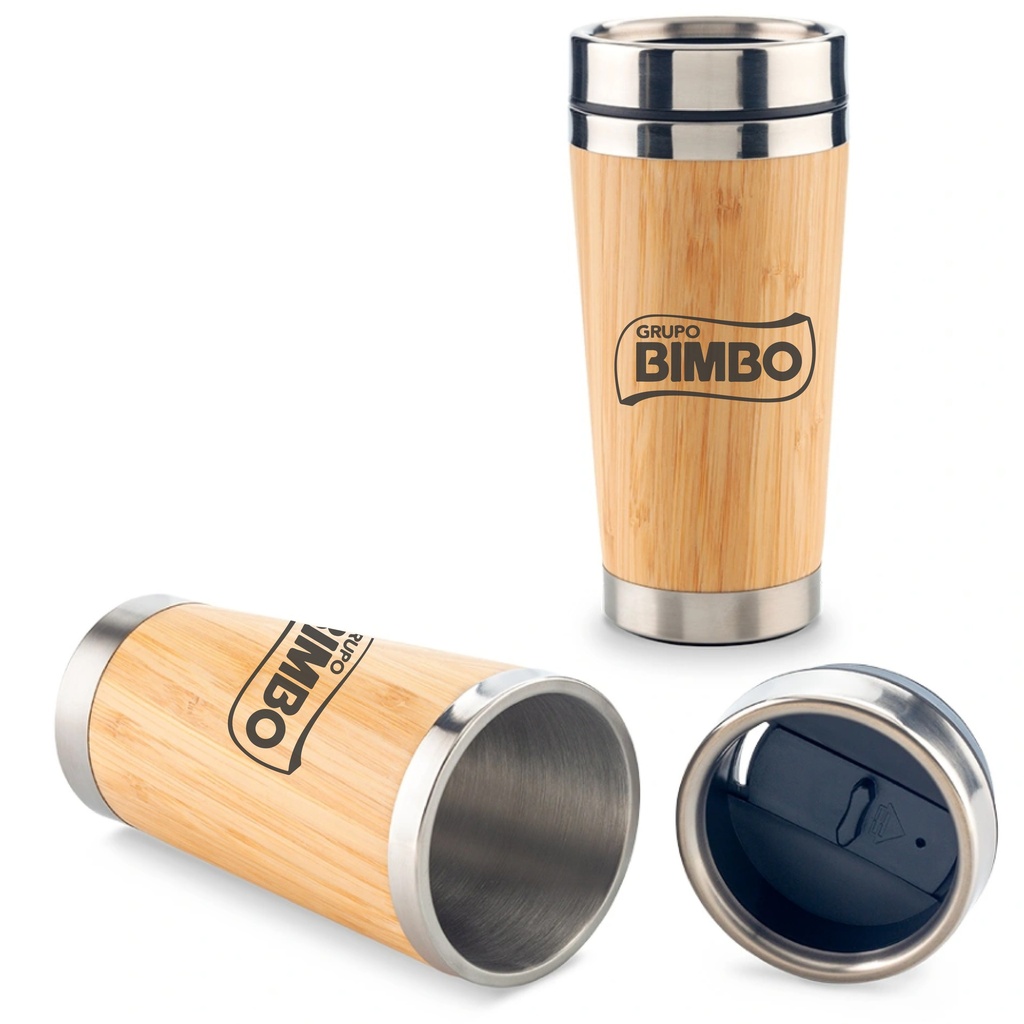 VASO TUMBLER EN ACERO Y BAMBOO CON TAPA ANTIDERRAME 16OZ