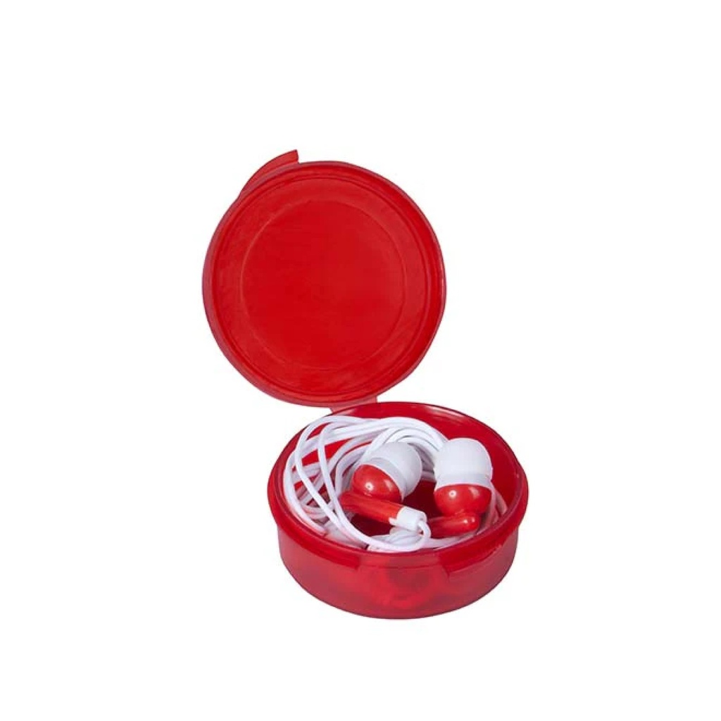 AUDIFONOS DE GOMA, EN ESTUCHE PLASTICO REDONDO