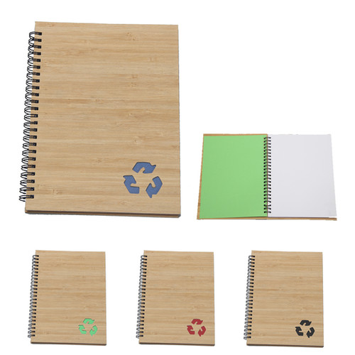 CUADERNO DE BAMBOO  CON SÍMBOLO DE RECICLADO EN COLOR, HOJAS BLANCAS