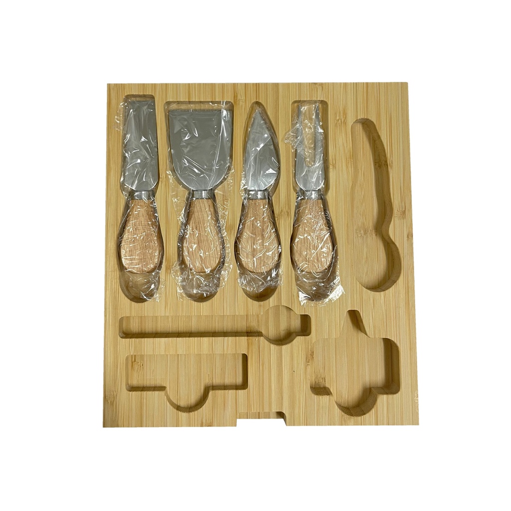 TABLA DE BAMBOO CON BANDEJAS EN COSTADOS Y SET DE 4 UTENSILIOS
