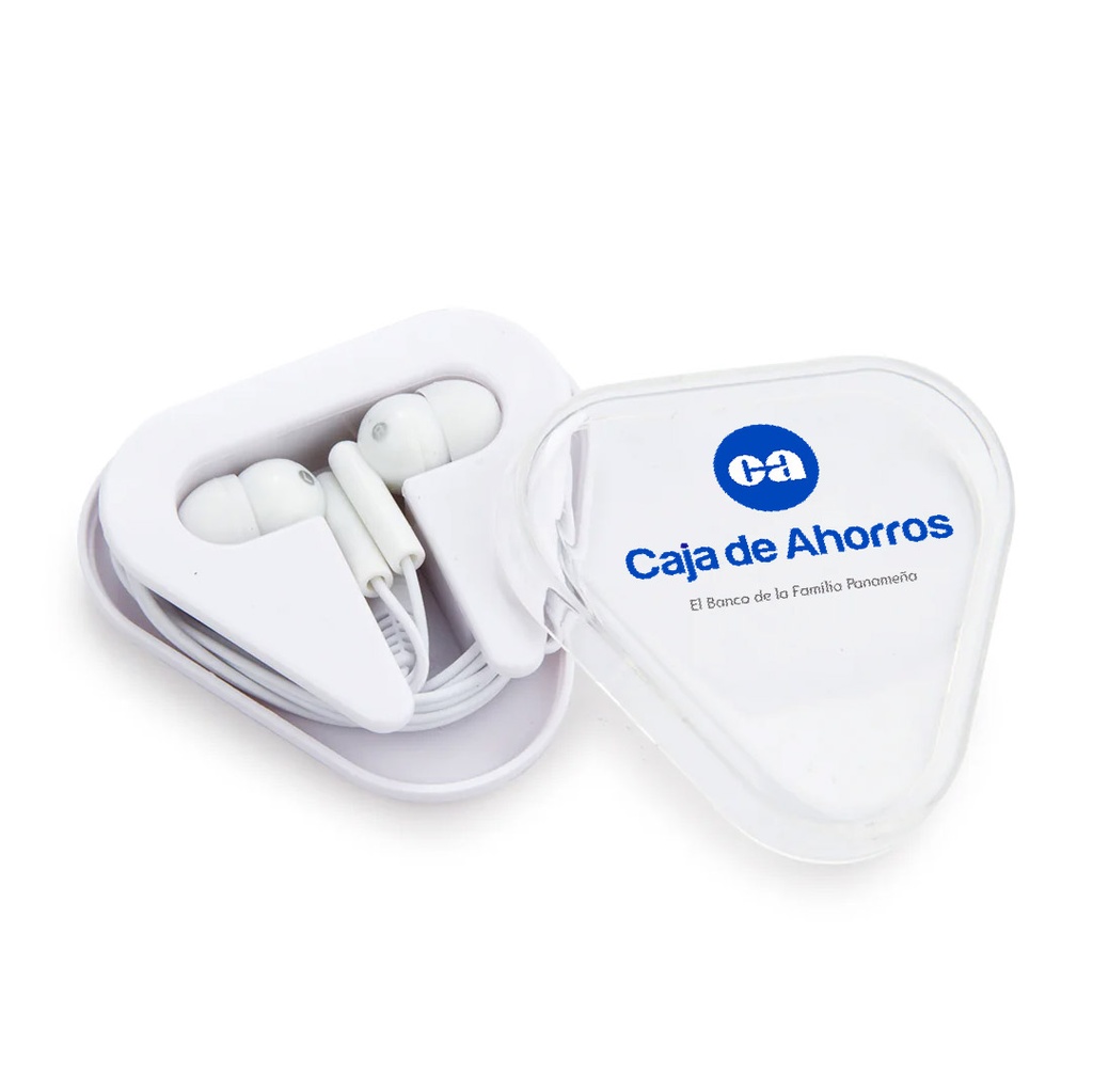 AUDIFONOS DE GOMA EN CAJA TRIANGULAR BLANCO