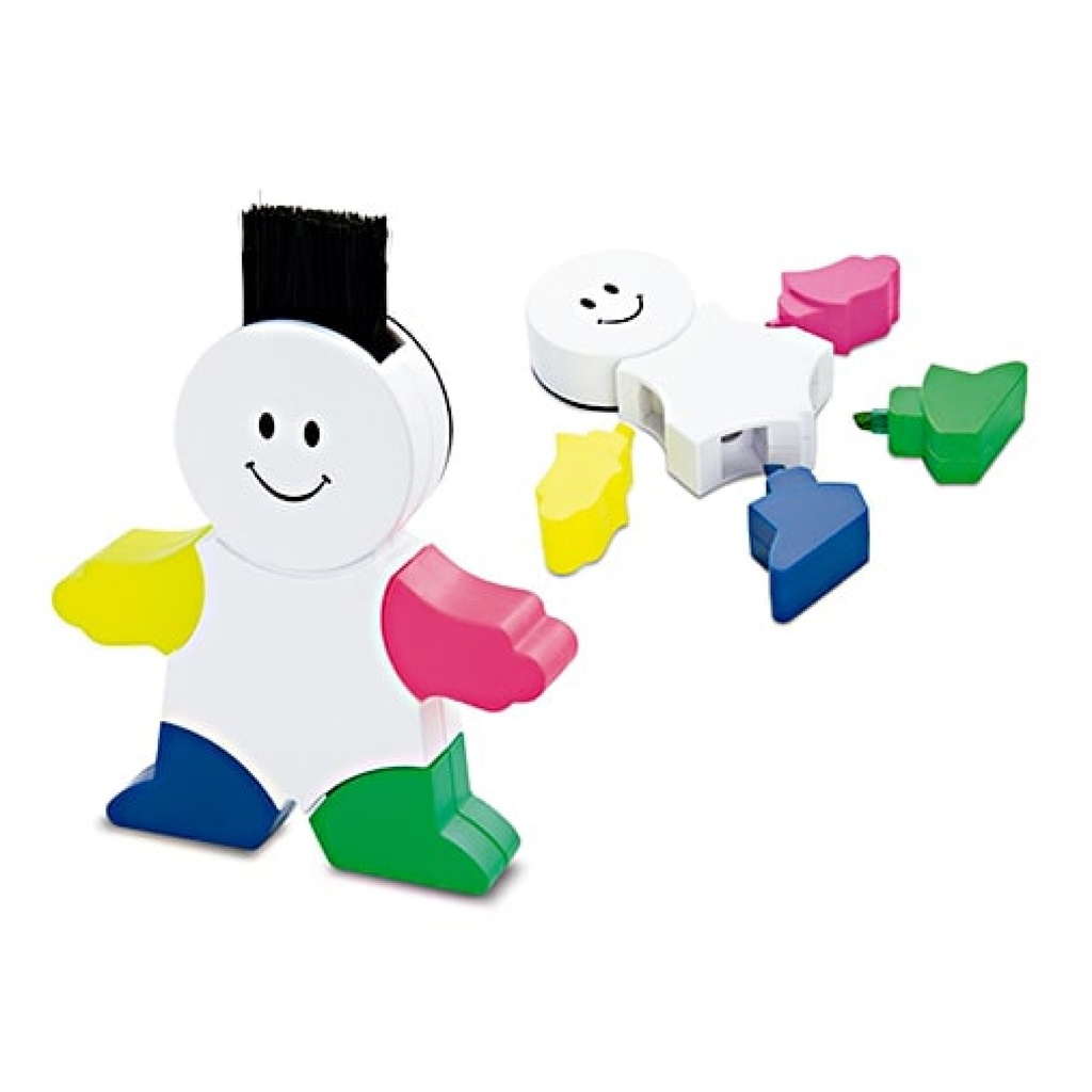 RESALTADOR EN FORMA DE HOMBRECITO CON 4 COLORES Y CEPILLO PARA LIMPIAR TECLADO RETRACTABLE