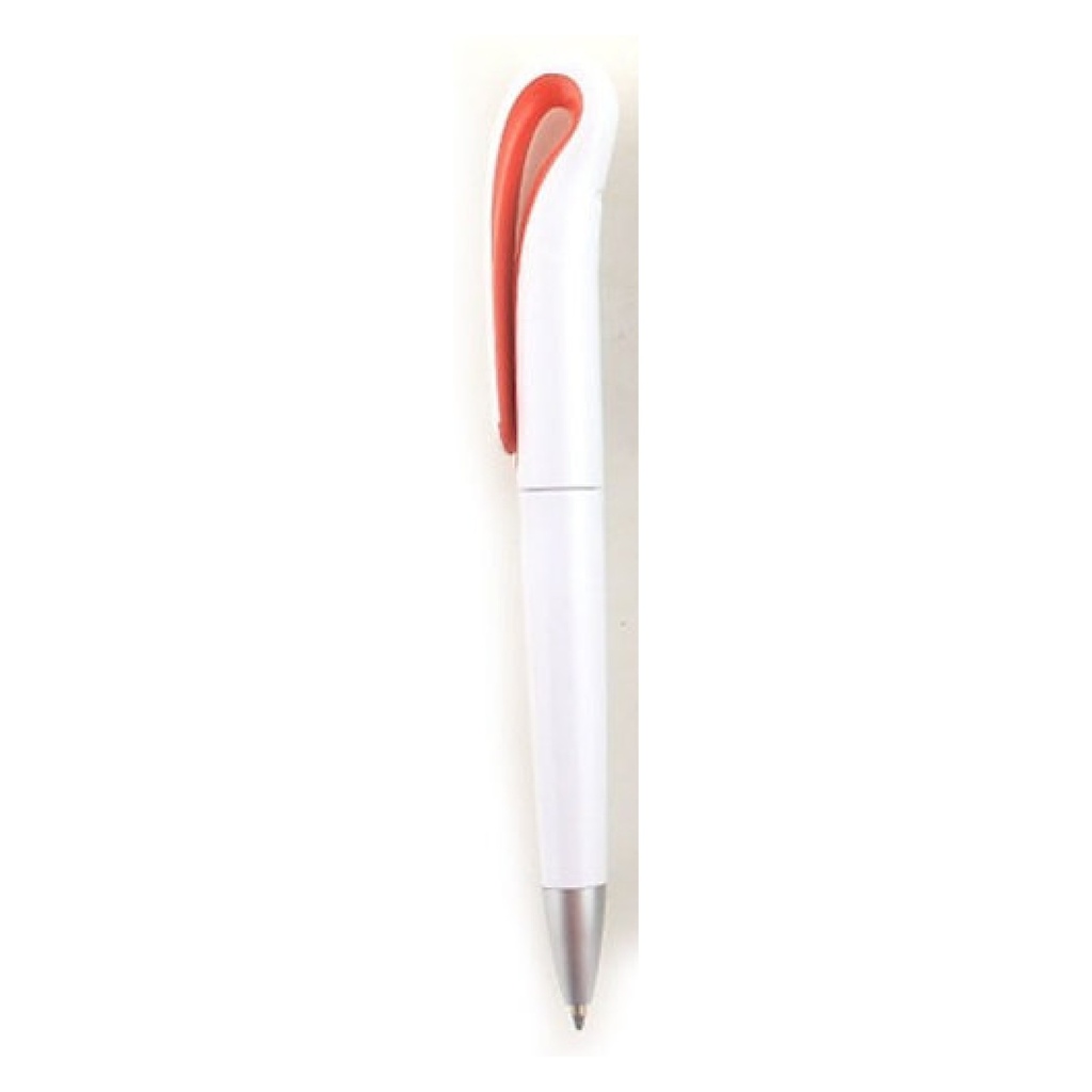 PLUMA PLÁSTICA BLANCA, CLIP CURVO INTERIOR DE COLOR Y MECANISMO GIRATORIO