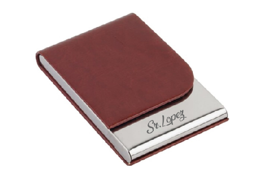 PORTA TARJETAS DE PRESENTACIÓN CON METAL PULIDO EN FORMA VERTICAL