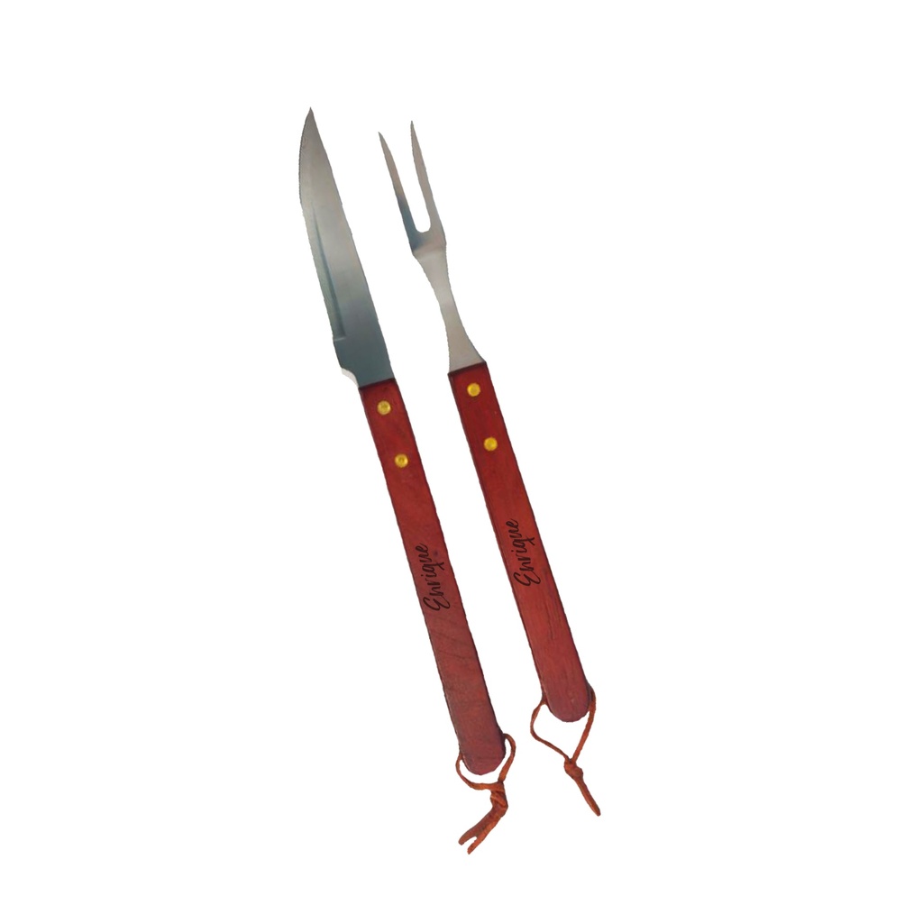 SET DE BBQ 2 PIEZAS. DE ACERO INOXIDABLE CON MANGO DE MADERA