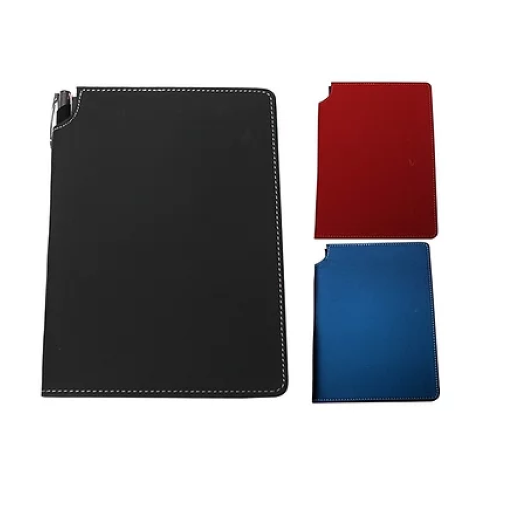 CUADERNO DE CUERINA CON PORTA BOLIGRAFO, HOJAS BLANCAS DE RAYAS, CON FECHA, COSTURAS BLANCAS