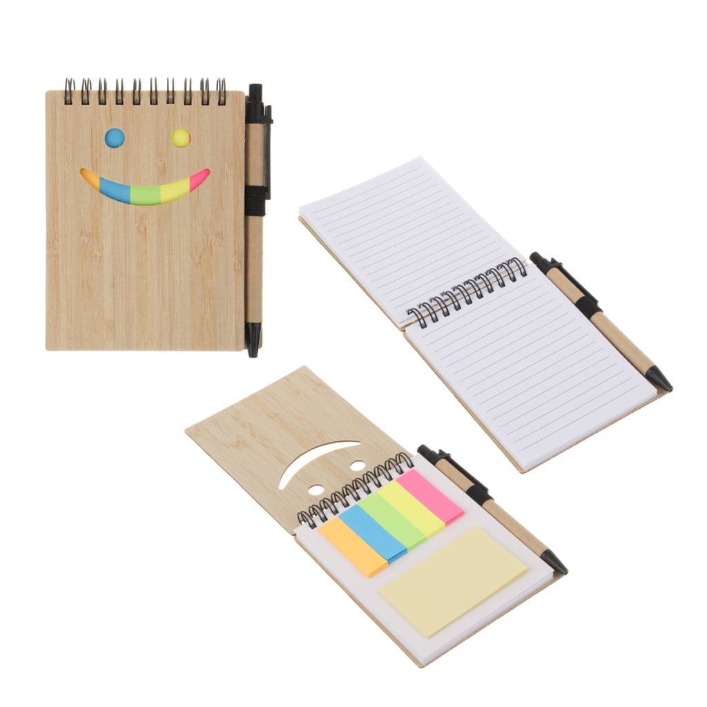 LIBRETA TAPA CARA FELIZ CON POST ITS Y PLUMA A JUEGO