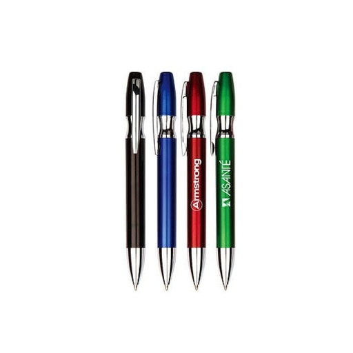 [PR-1034] PLUMA PLÁSTICA METALIZADA, CON CURVA PLATEADA EN CUERPO Y MECANISMO GIRATORIO