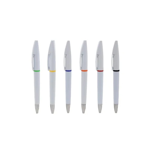 [PR-1040] PLUMA PLASTICA BLANCA, SUPERIOR CURVA,  BANDA DELGADA DE COLOR, TINTA AZUL.