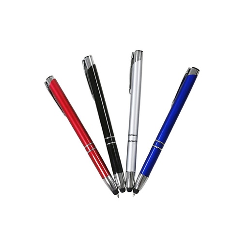 [PR-1027] PLUMA PLÁSTICA METALIZADA, CON DOBLE BANDA PLATEADA EN PARTE INFERIOR, STYLUS EN BORDE