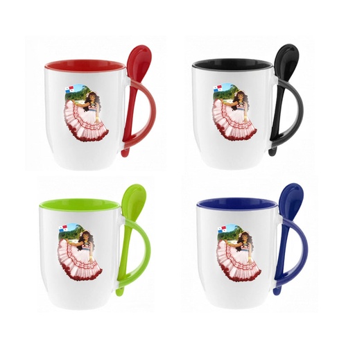 [PR-1223] TAZA DE CERÁMICA CON CUCHARA Y PARTE INTERIOR DE COLOR 14OZ