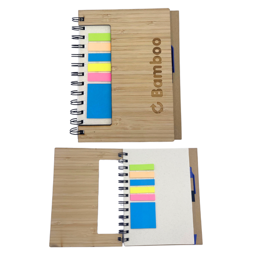 [BM-083] LIBRETA DE BAMBOO CON PLUMA, REGLA Y POST IT