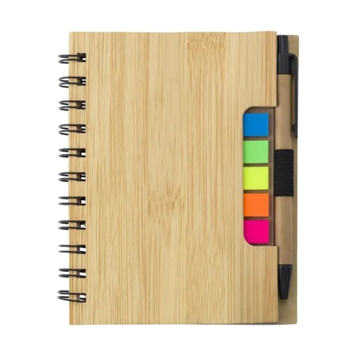 [PR-1307] LIBRETA DE BAMBOO CON PLUMA, REGLA Y POST IT